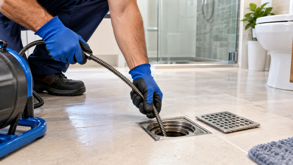 Profissional desobstruindo ralo de banheiro com equipamento adequado